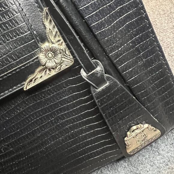 Marc Chantel MC Shoulder Bag Purse Womens Black Embossed Leather Silver Flower - Picture 3 of 10